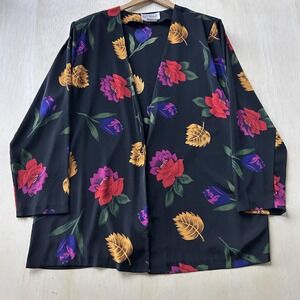 S.G. Sport Jacket Womens 1X Black Floral Kimono Open Front Lightweight Long USA